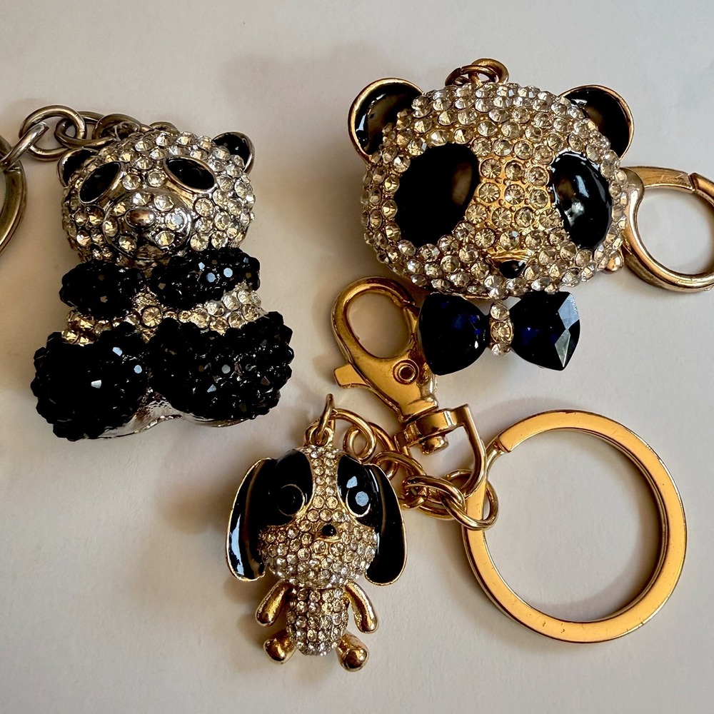 SPARKLES! Vintage Lot 3 Crystal Keychains Bag Charms Dog Panda Bear Pendant Belt